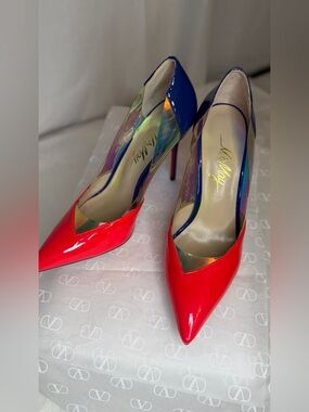 Red Patent Pointed-Toe Pumps with Iridescent Panels by
